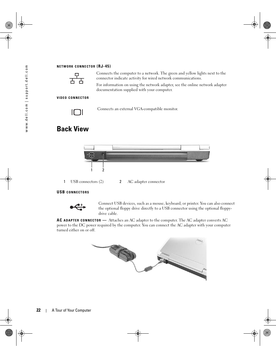 Back view, Network connector (rj-45), Video connector | Dell Inspiron 630m User Manual | Page 22 / 180