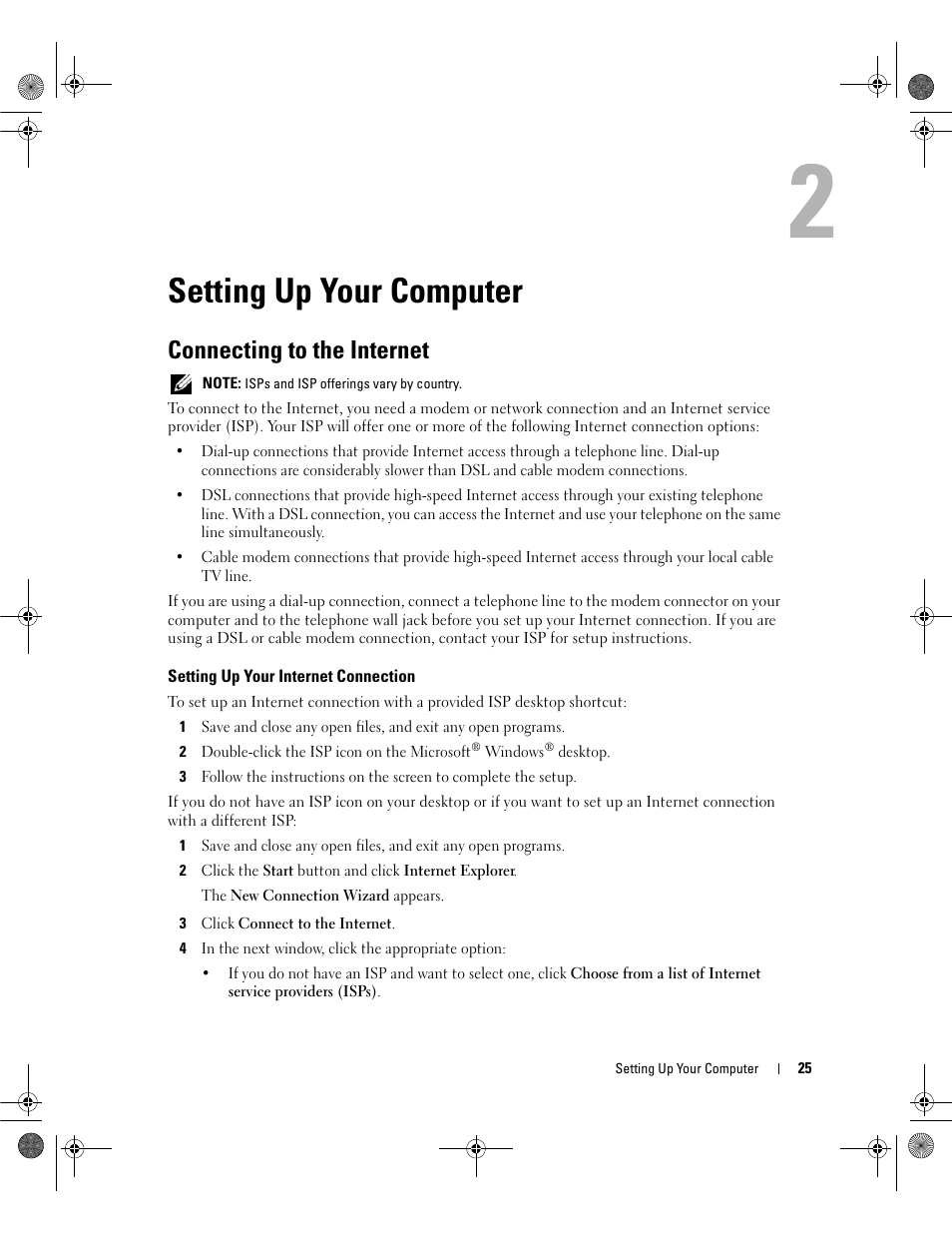 Setting up your computer, Connecting to the internet, Setting up your internet connection | Dell Inspiron 630m User Manual | Page 25 / 180