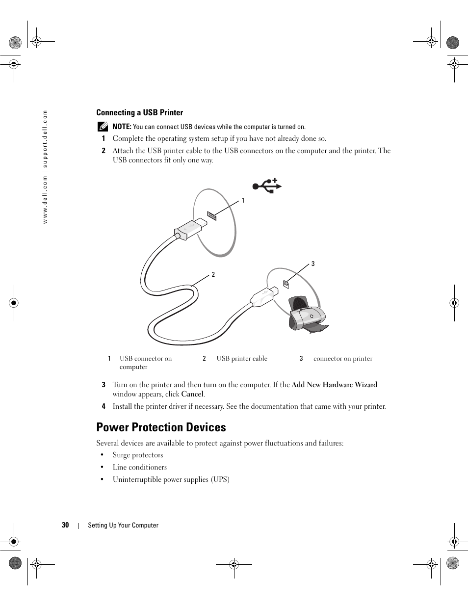 Connecting a usb printer, Power protection devices | Dell Inspiron 630m User Manual | Page 30 / 180