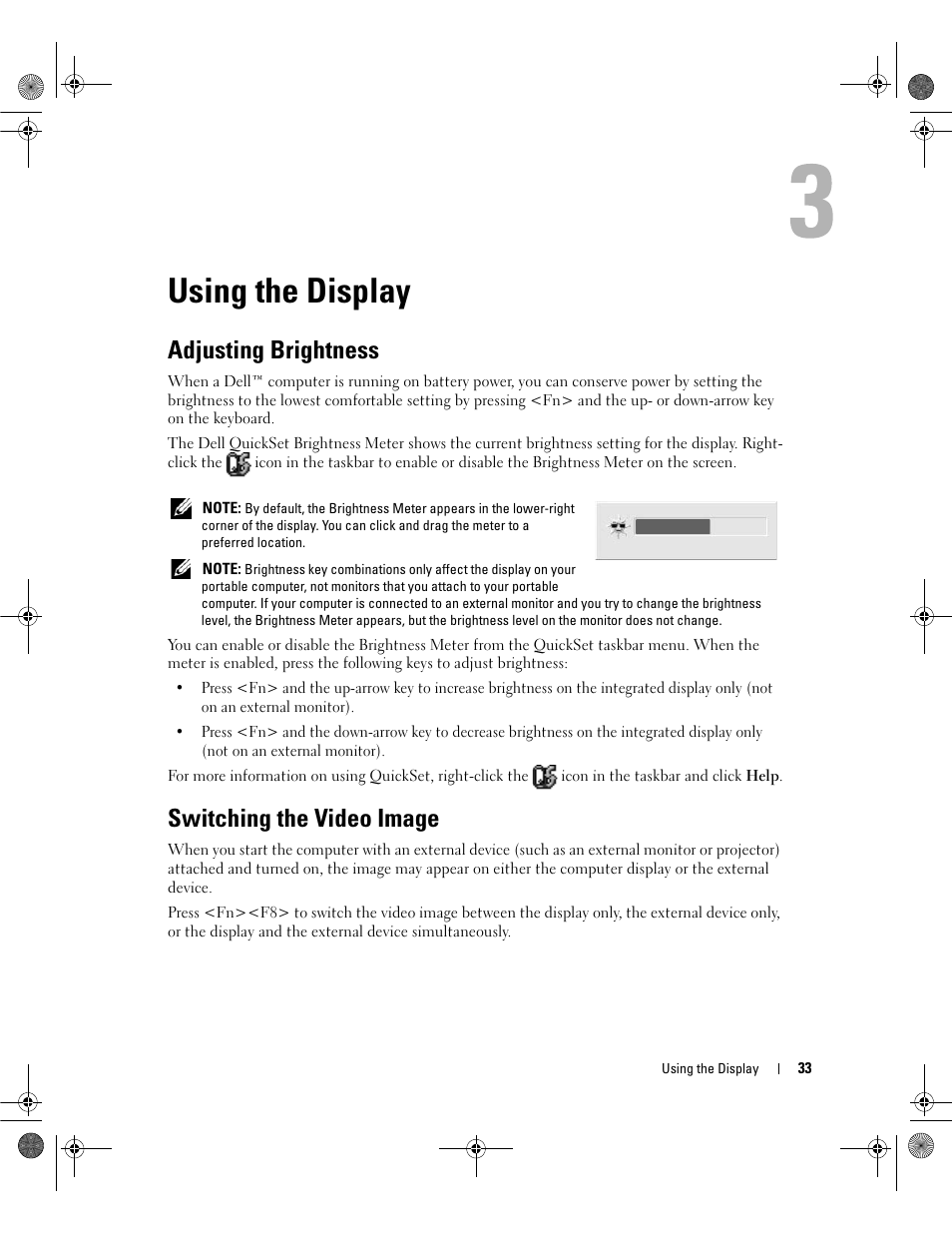 Using the display, Adjusting brightness, Switching the video image | Dell Inspiron 630m User Manual | Page 33 / 180