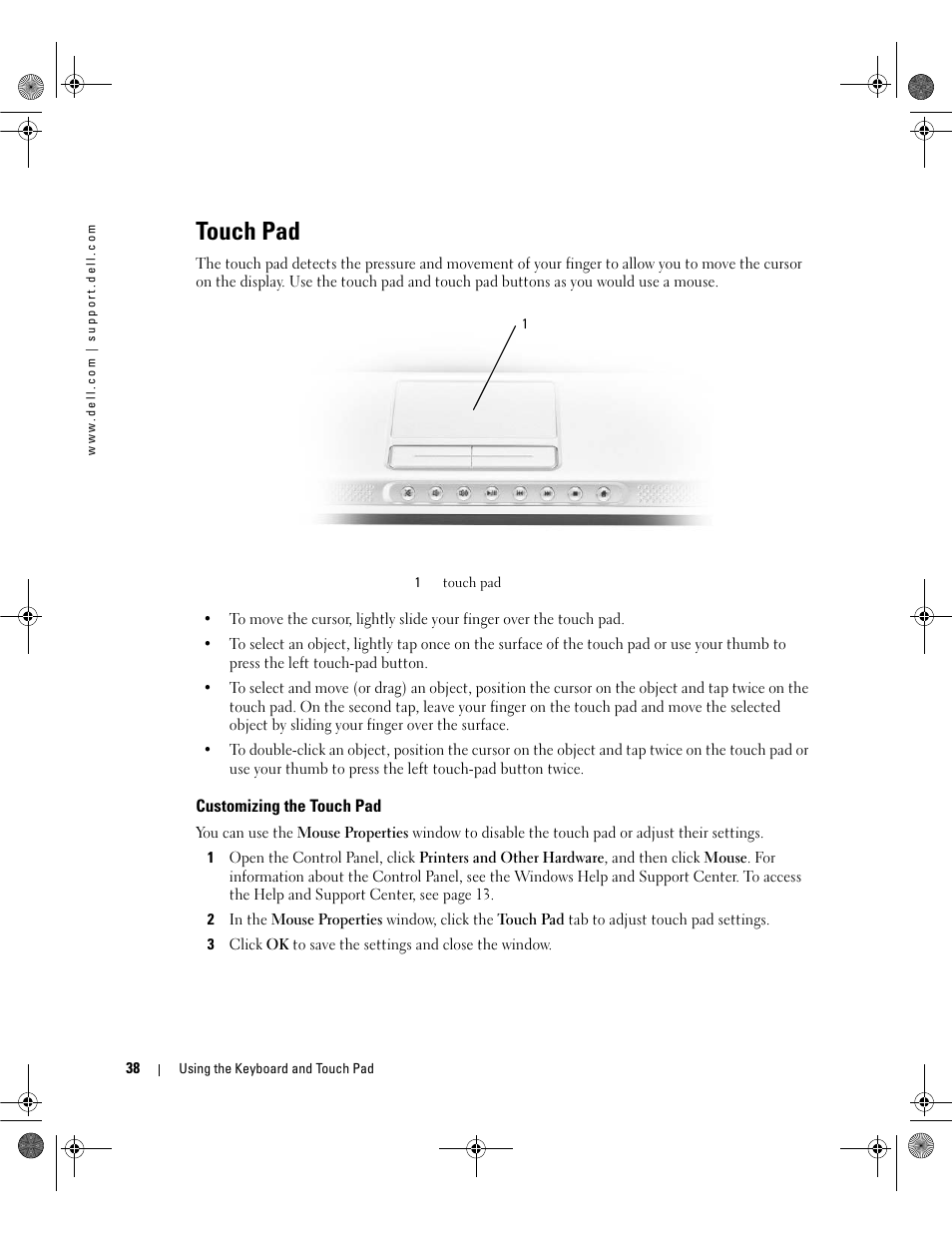 Touch pad, Customizing the touch pad | Dell Inspiron 630m User Manual | Page 38 / 180