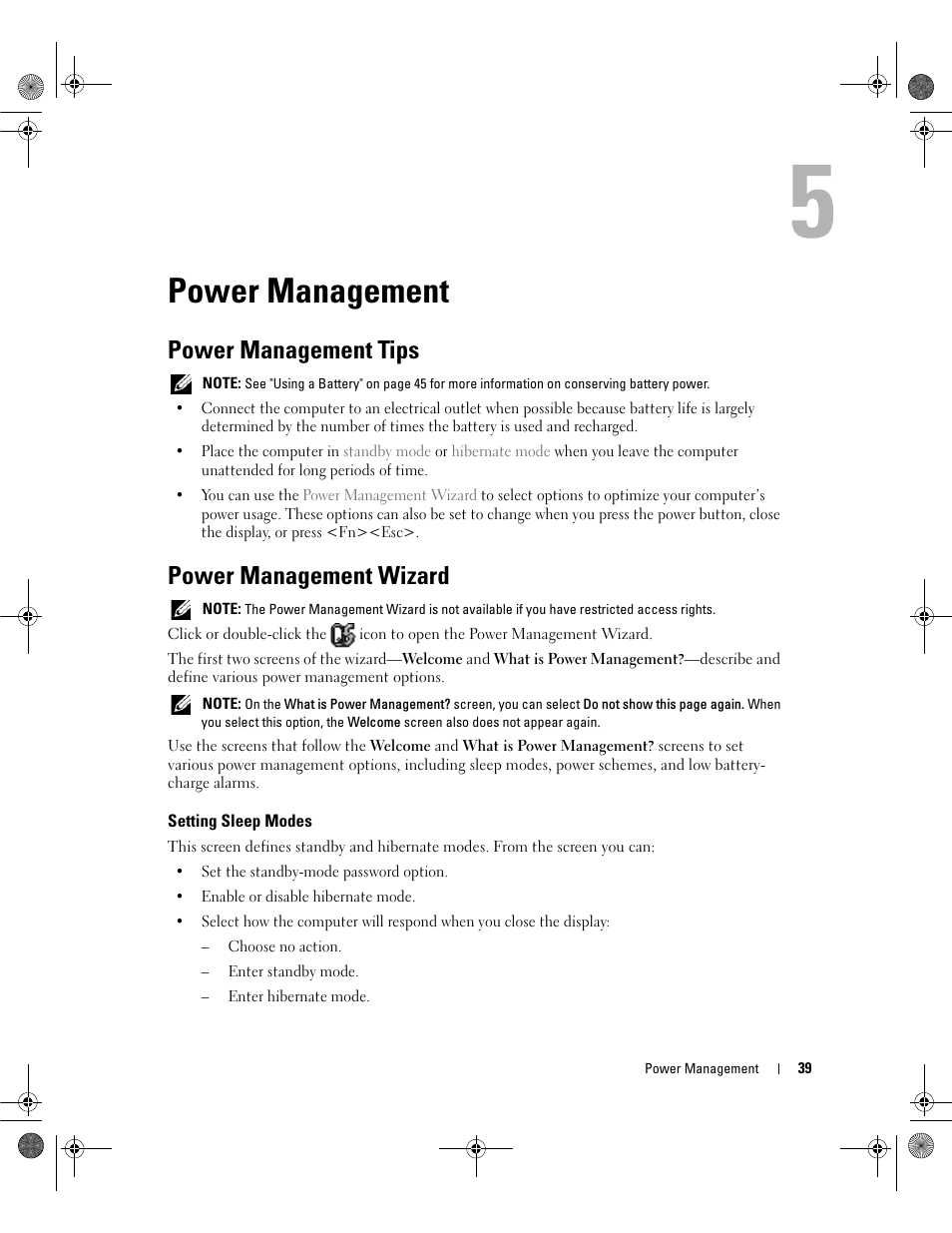 Power management, Power management tips, Power management wizard | Setting sleep modes | Dell Inspiron 630m User Manual | Page 39 / 180