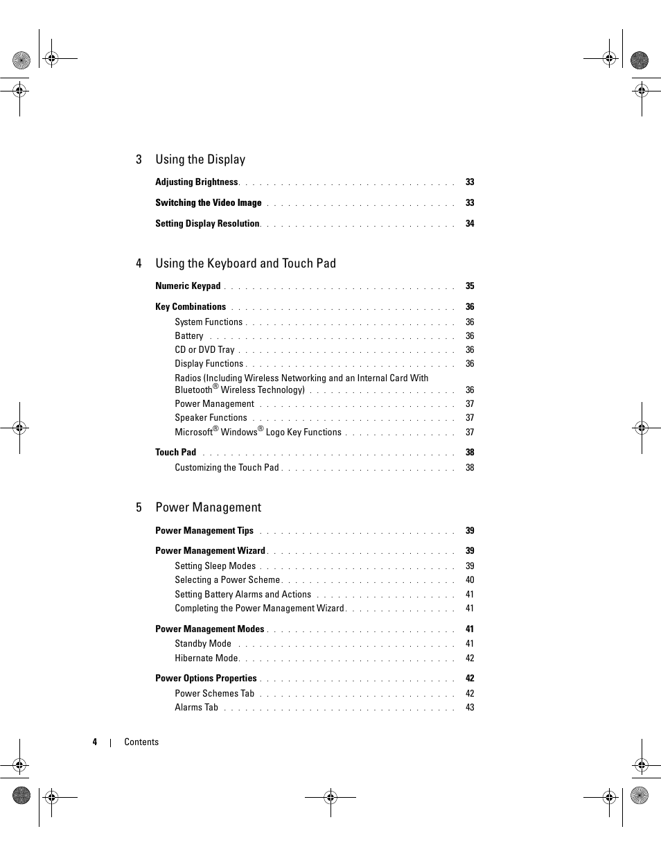 3using the display, 4using the keyboard and touch pad, 5power management | Dell Inspiron 630m User Manual | Page 4 / 180