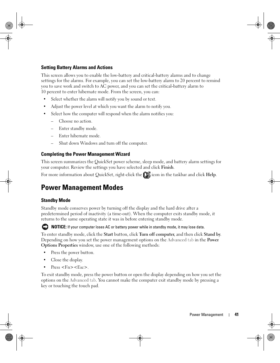 Setting battery alarms and actions, Completing the power management wizard, Power management modes | Standby mode, Lace the computer in | Dell Inspiron 630m User Manual | Page 41 / 180