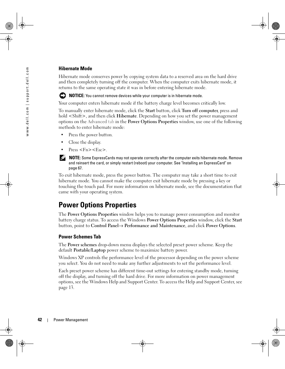 Hibernate mode, Power options properties, Power schemes tab | When you leave the computer | Dell Inspiron 630m User Manual | Page 42 / 180