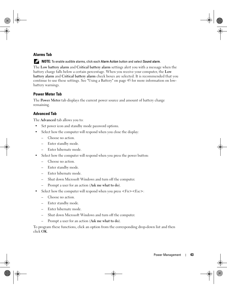 Alarms tab, Power meter tab, Advanced tab | Wer management options on the, In the | Dell Inspiron 630m User Manual | Page 43 / 180