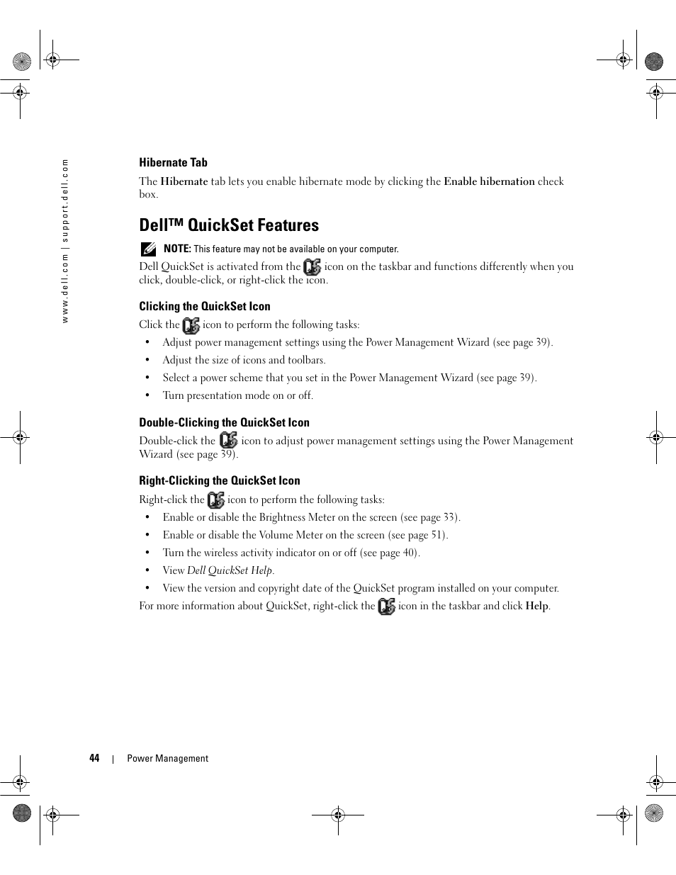 Hibernate tab, Dell™ quickset features, Clicking the quickset icon | Double-clicking the quickset icon, Right-clicking the quickset icon | Dell Inspiron 630m User Manual | Page 44 / 180