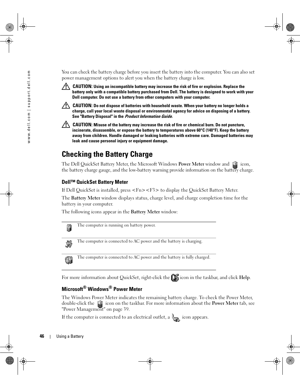 Checking the battery charge, Dell™ quickset battery meter, Microsoft® windows® power meter | Microsoft | Dell Inspiron 630m User Manual | Page 46 / 180