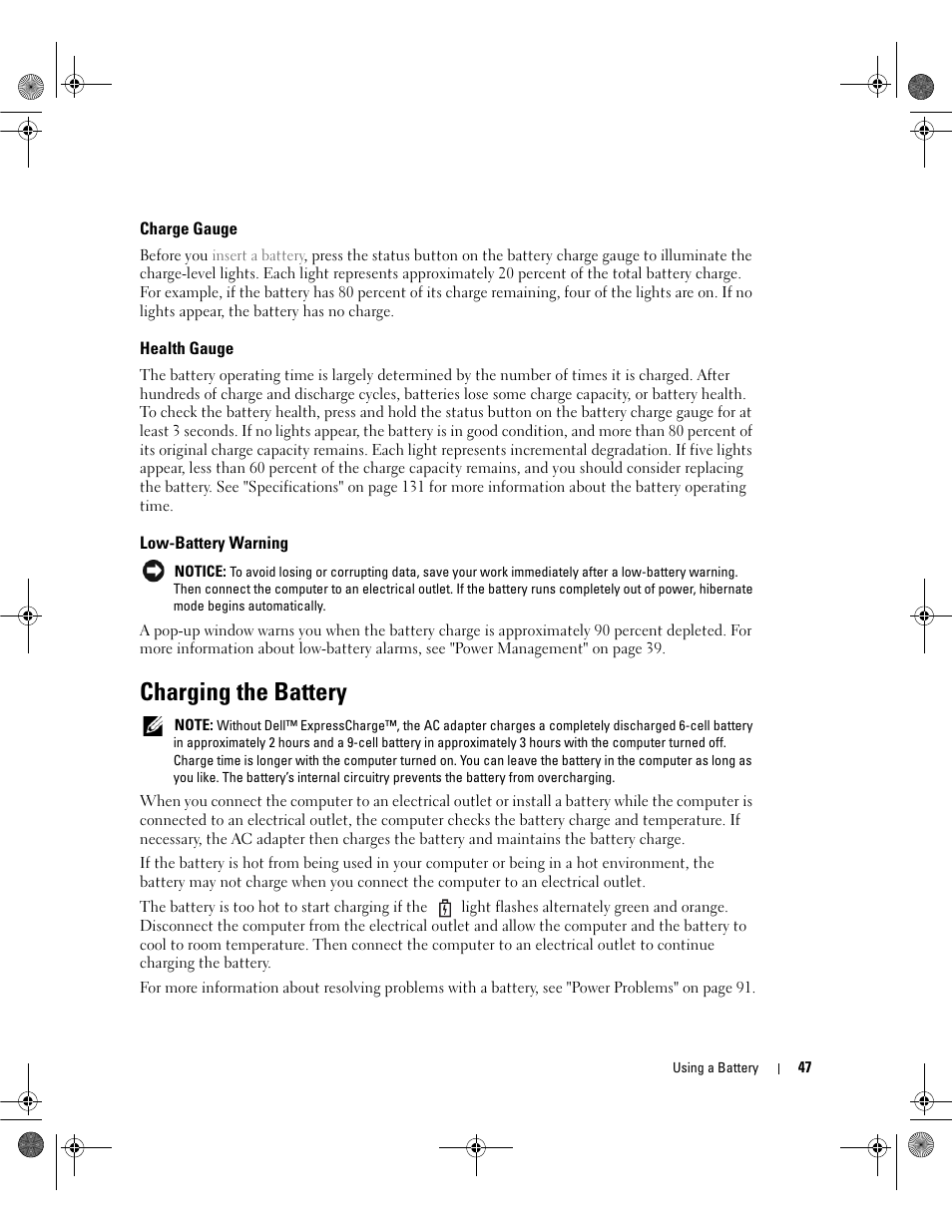 Charge gauge, Health gauge, Low-battery warning | Charging the battery | Dell Inspiron 630m User Manual | Page 47 / 180