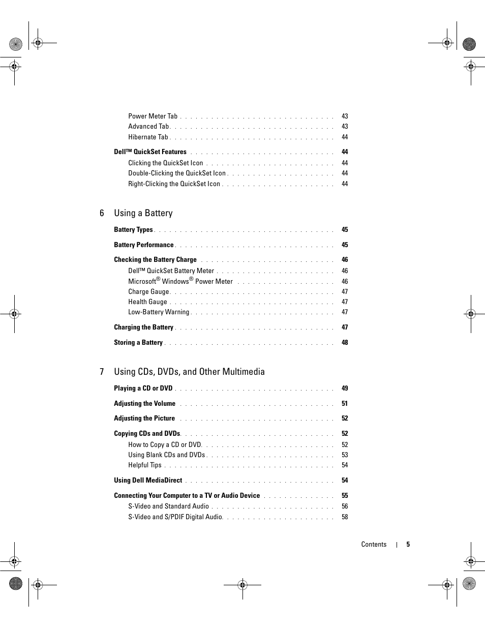 6using a battery, 7using cds, dvds, and other multimedia | Dell Inspiron 630m User Manual | Page 5 / 180