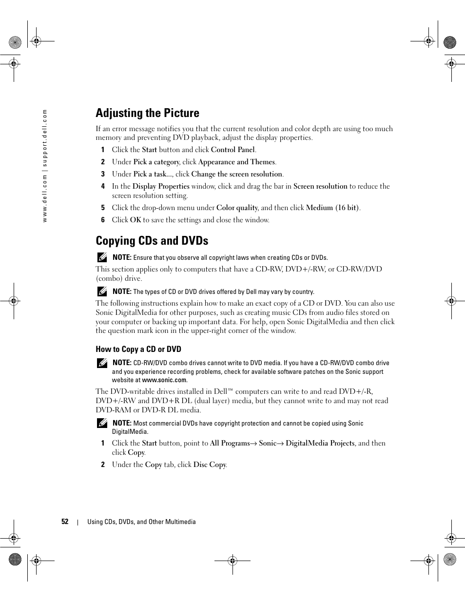 Adjusting the picture, Copying cds and dvds, How to copy a cd or dvd | Dell Inspiron 630m User Manual | Page 52 / 180