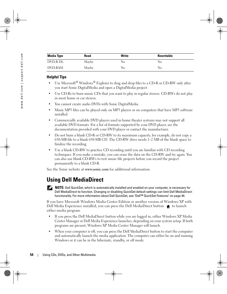 Helpful tips, Using dell mediadirect | Dell Inspiron 630m User Manual | Page 54 / 180