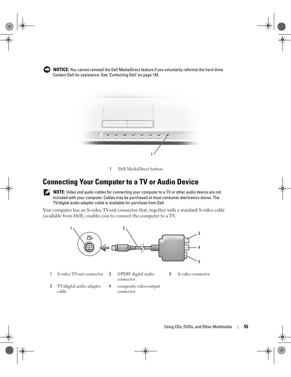 Connecting your computer to a tv or audio device | Dell Inspiron 630m User Manual | Page 55 / 180