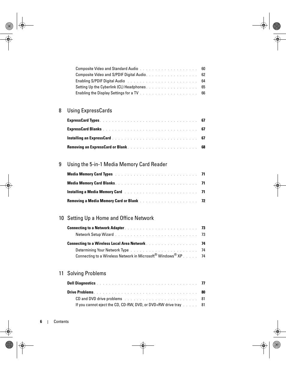 8using expresscards, 10 setting up a home and office network, 11 solving problems | Dell Inspiron 630m User Manual | Page 6 / 180