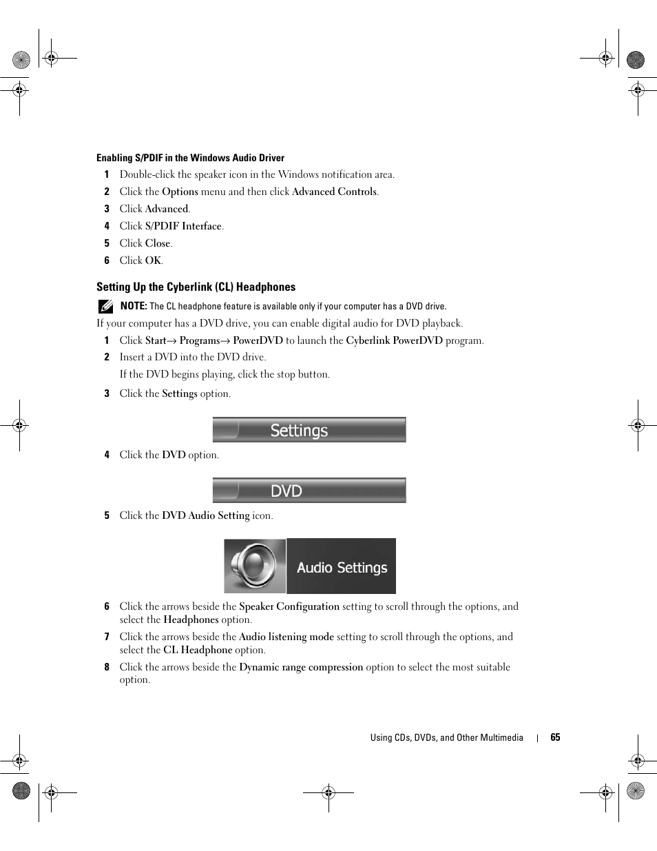 Setting up the cyberlink (cl) headphones | Dell Inspiron 630m User Manual | Page 65 / 180