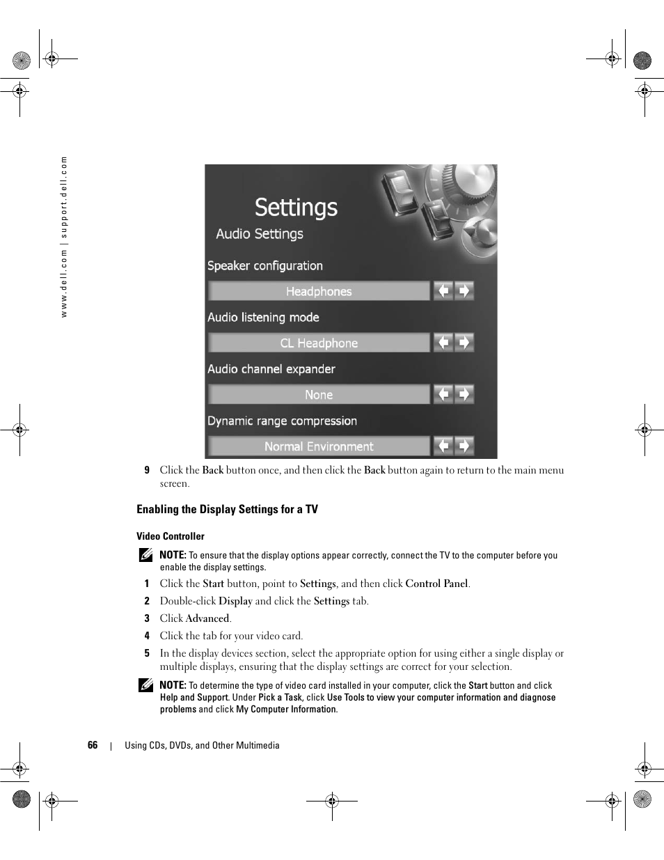 Enabling the display settings for a tv | Dell Inspiron 630m User Manual | Page 66 / 180