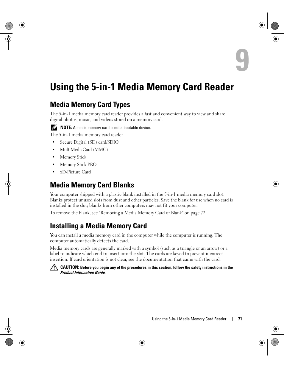 Using the 5-in-1 media memory card reader, Media memory card types, Media memory card blanks | Installing a media memory card | Dell Inspiron 630m User Manual | Page 71 / 180
