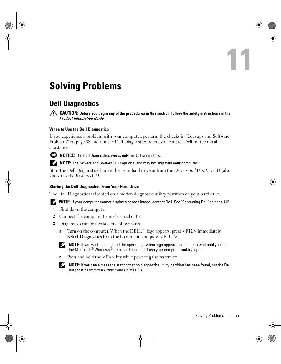Solving problems, Dell diagnostics, 11 solving problems | Dell Inspiron 630m User Manual | Page 77 / 180