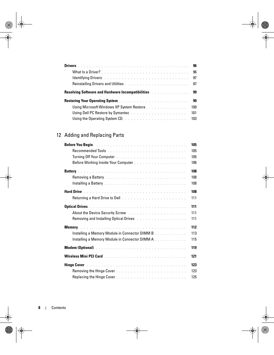 12 adding and replacing parts | Dell Inspiron 630m User Manual | Page 8 / 180