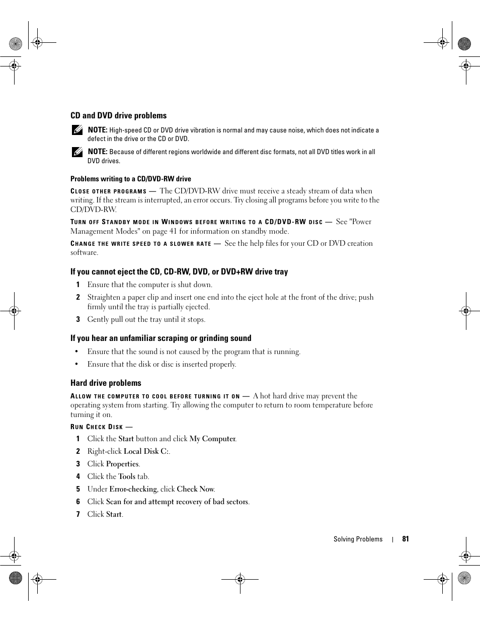 Cd and dvd drive problems, Hard drive problems | Dell Inspiron 630m User Manual | Page 81 / 180