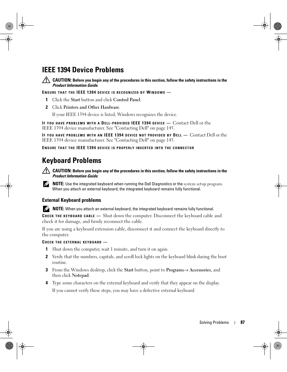 Ieee 1394 device problems, Keyboard problems, External keyboard problems | Dell Inspiron 630m User Manual | Page 87 / 180