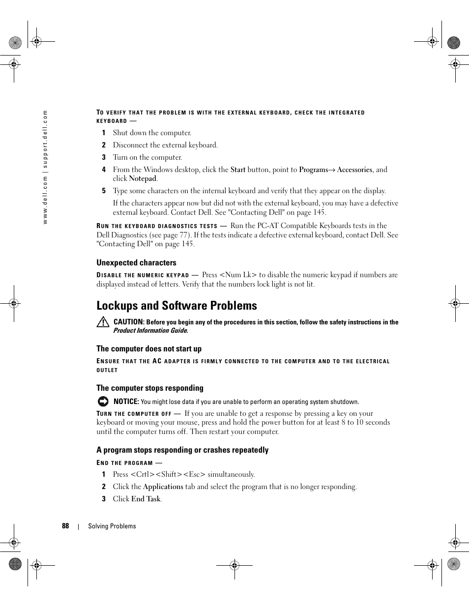 Unexpected characters, Lockups and software problems, The computer does not start up | The computer stops responding, A program stops responding or crashes repeatedly | Dell Inspiron 630m User Manual | Page 88 / 180