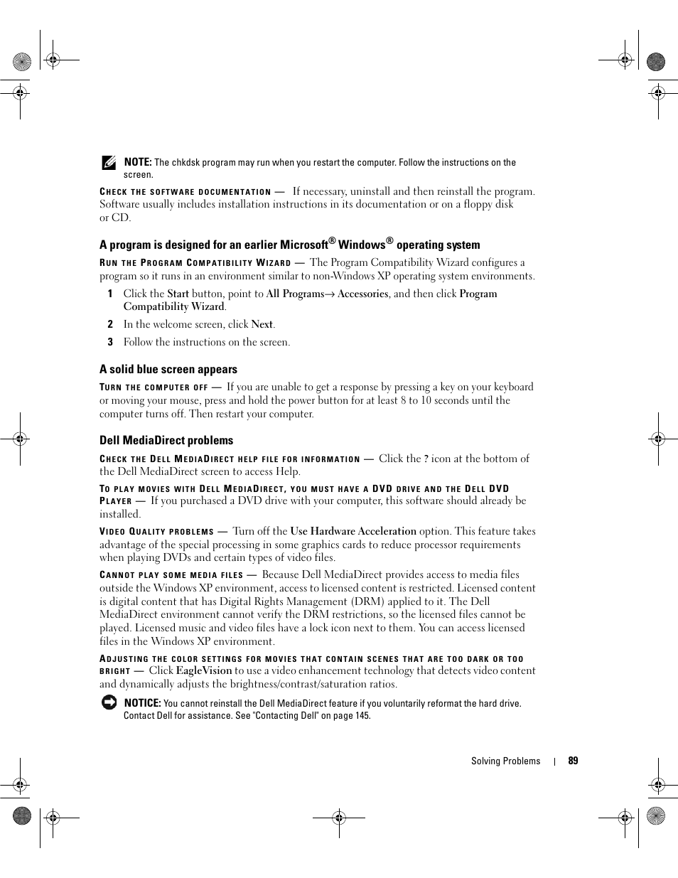 A solid blue screen appears, Dell mediadirect problems, A program is designed for an earlier microsoft | Windows, Operating system | Dell Inspiron 630m User Manual | Page 89 / 180