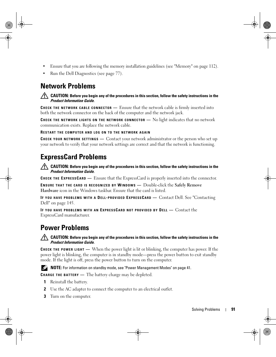 Network problems, Expresscard problems, Power problems | Dell Inspiron 630m User Manual | Page 91 / 180
