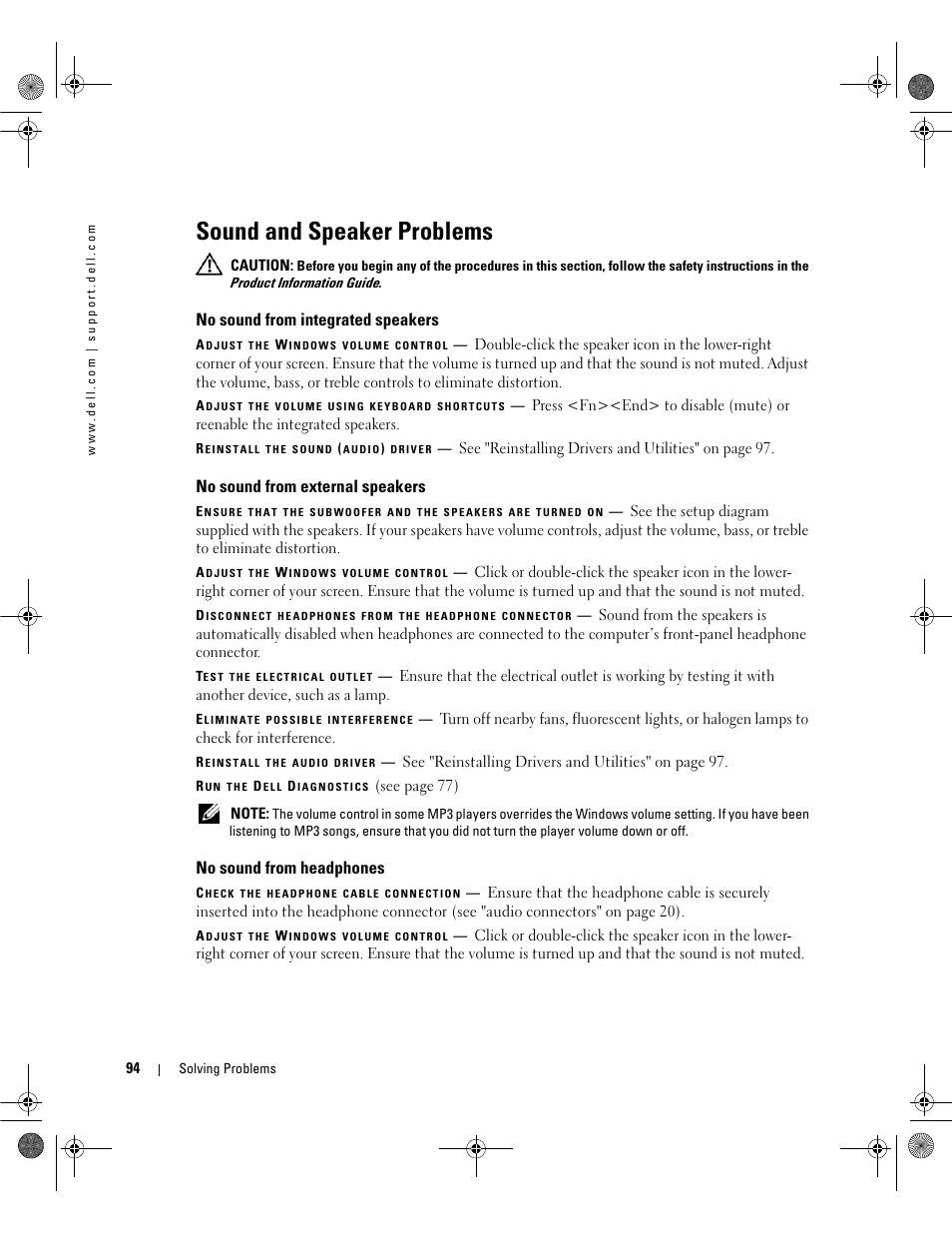 Sound and speaker problems, No sound from integrated speakers, No sound from external speakers | No sound from headphones | Dell Inspiron 630m User Manual | Page 94 / 180