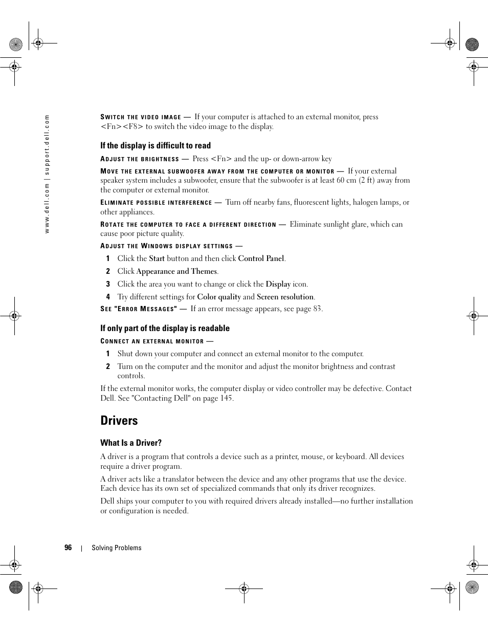 If the display is difficult to read, If only part of the display is readable, Drivers | What is a driver | Dell Inspiron 630m User Manual | Page 96 / 180