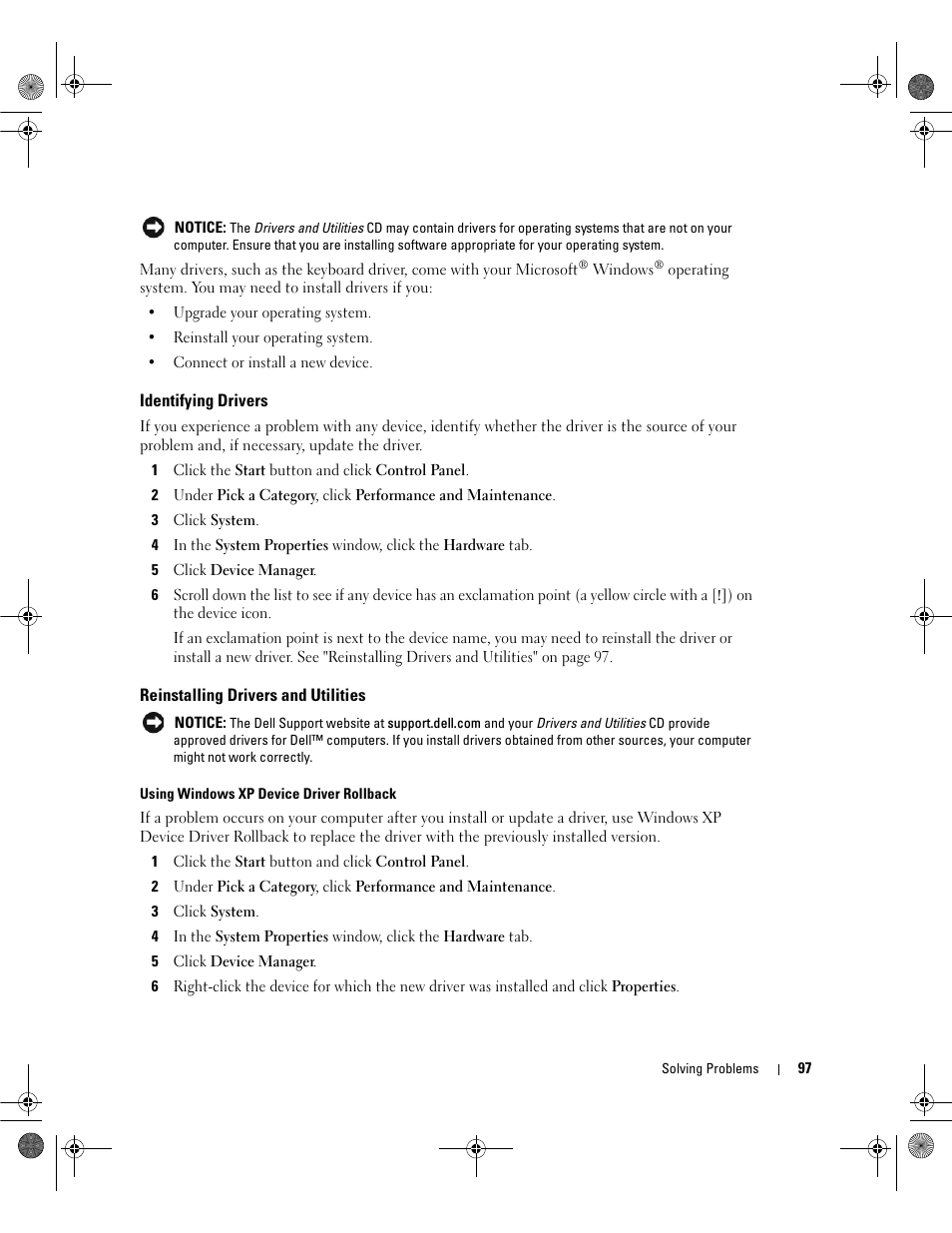 Identifying drivers, Reinstalling drivers and utilities | Dell Inspiron 630m User Manual | Page 97 / 180