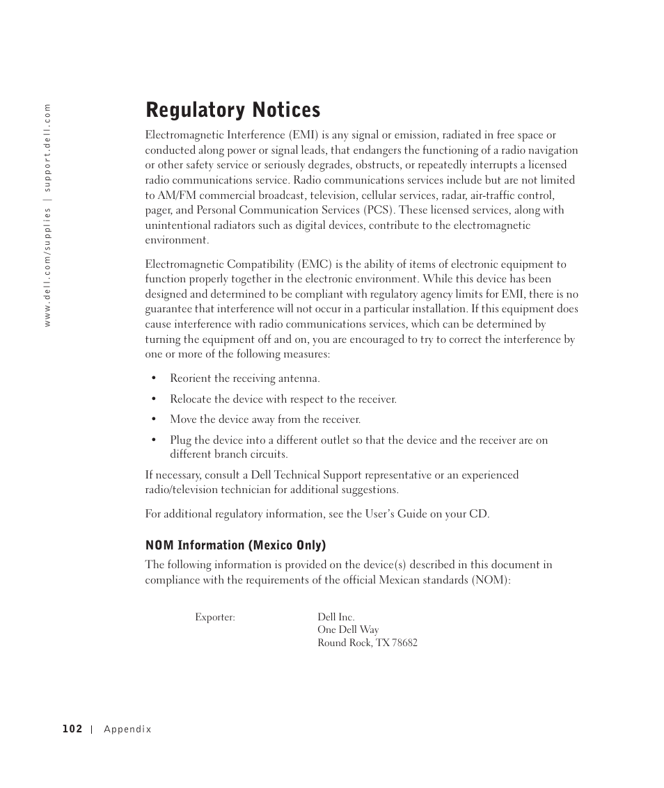 Regulatory notices, Nom information (mexico only) | Dell 922 All In One Photo Printer User Manual | Page 102 / 108