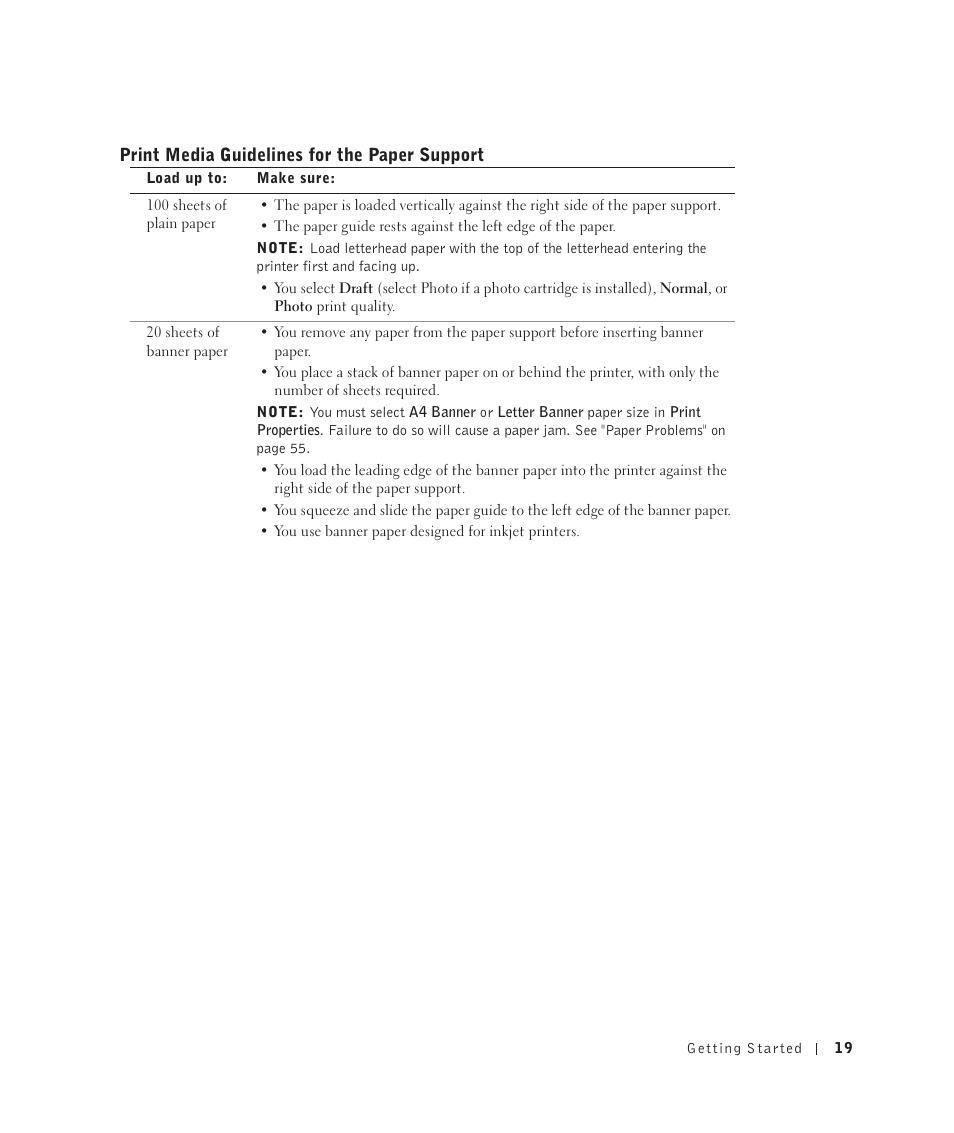 Print media guidelines for the paper support | Dell 922 All In One Photo Printer User Manual | Page 19 / 108