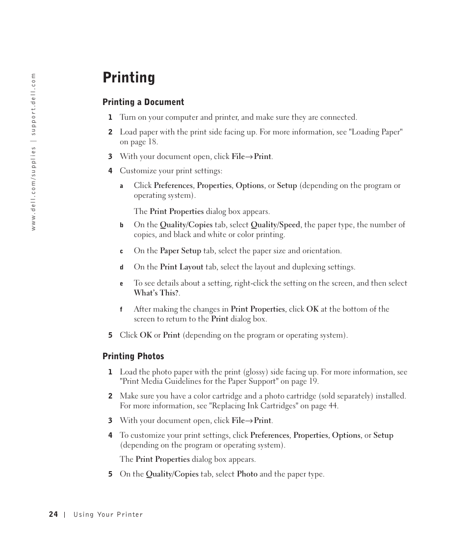 Printing, Printing a document, Printing photos | Dell 922 All In One Photo Printer User Manual | Page 24 / 108