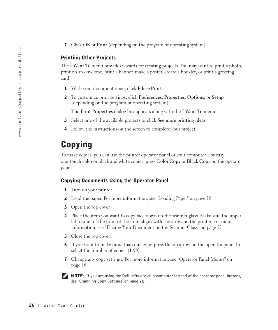 Copying, Printing other projects, Copying documents using the operator panel | Dell 922 All In One Photo Printer User Manual | Page 26 / 108