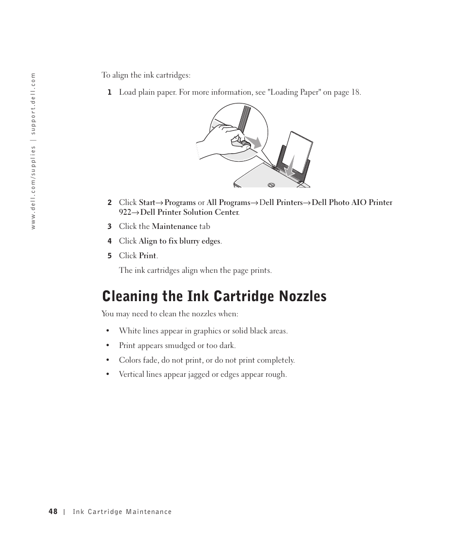 Cleaning the ink cartridge nozzles | Dell 922 All In One Photo Printer User Manual | Page 48 / 108