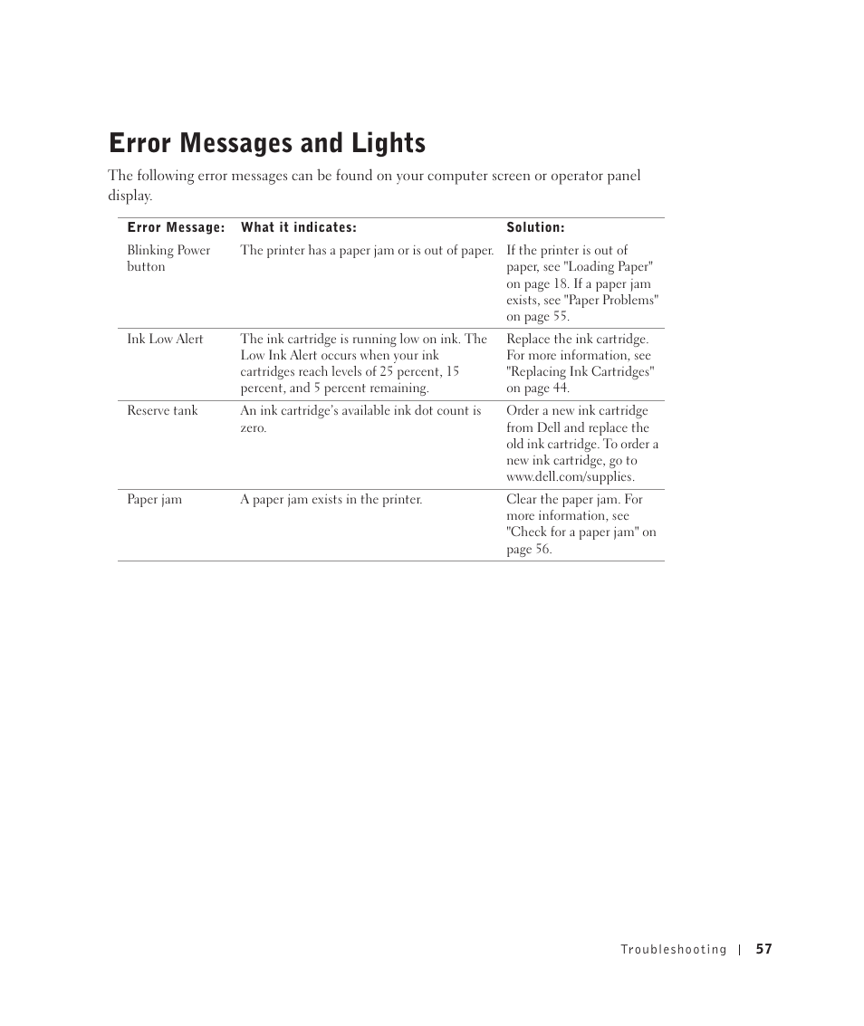 Error messages and lights | Dell 922 All In One Photo Printer User Manual | Page 57 / 108