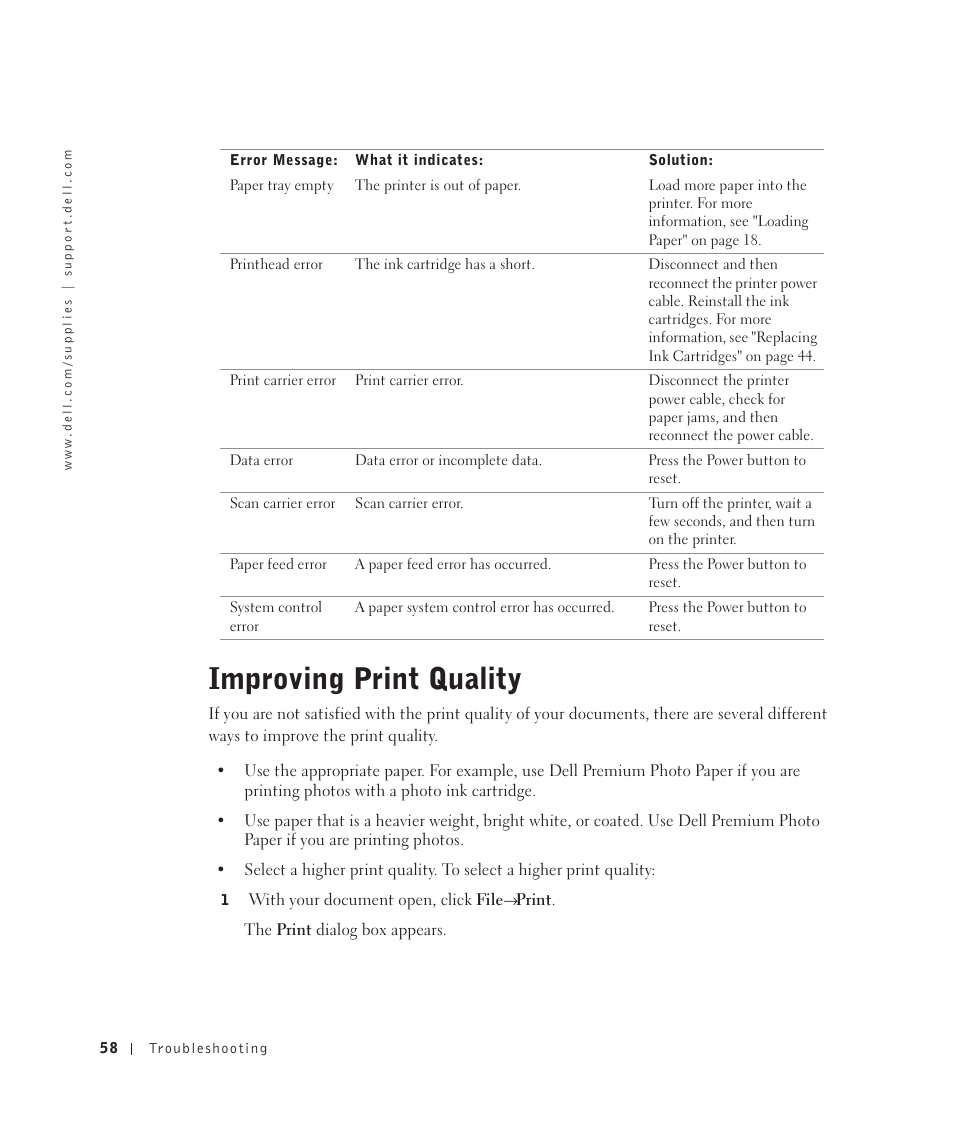 Improving print quality | Dell 922 All In One Photo Printer User Manual | Page 58 / 108