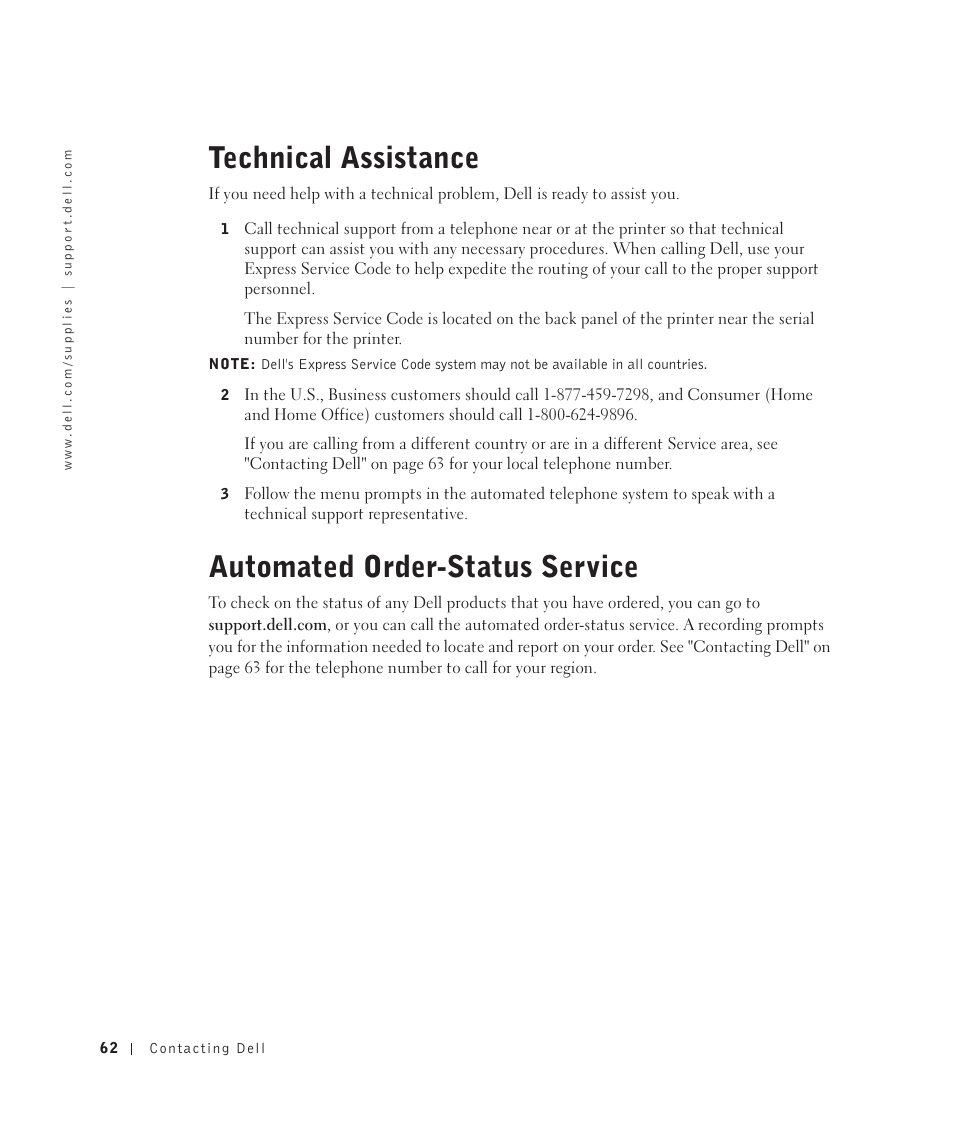 Technical assistance, Automated order-status service | Dell 922 All In One Photo Printer User Manual | Page 62 / 108