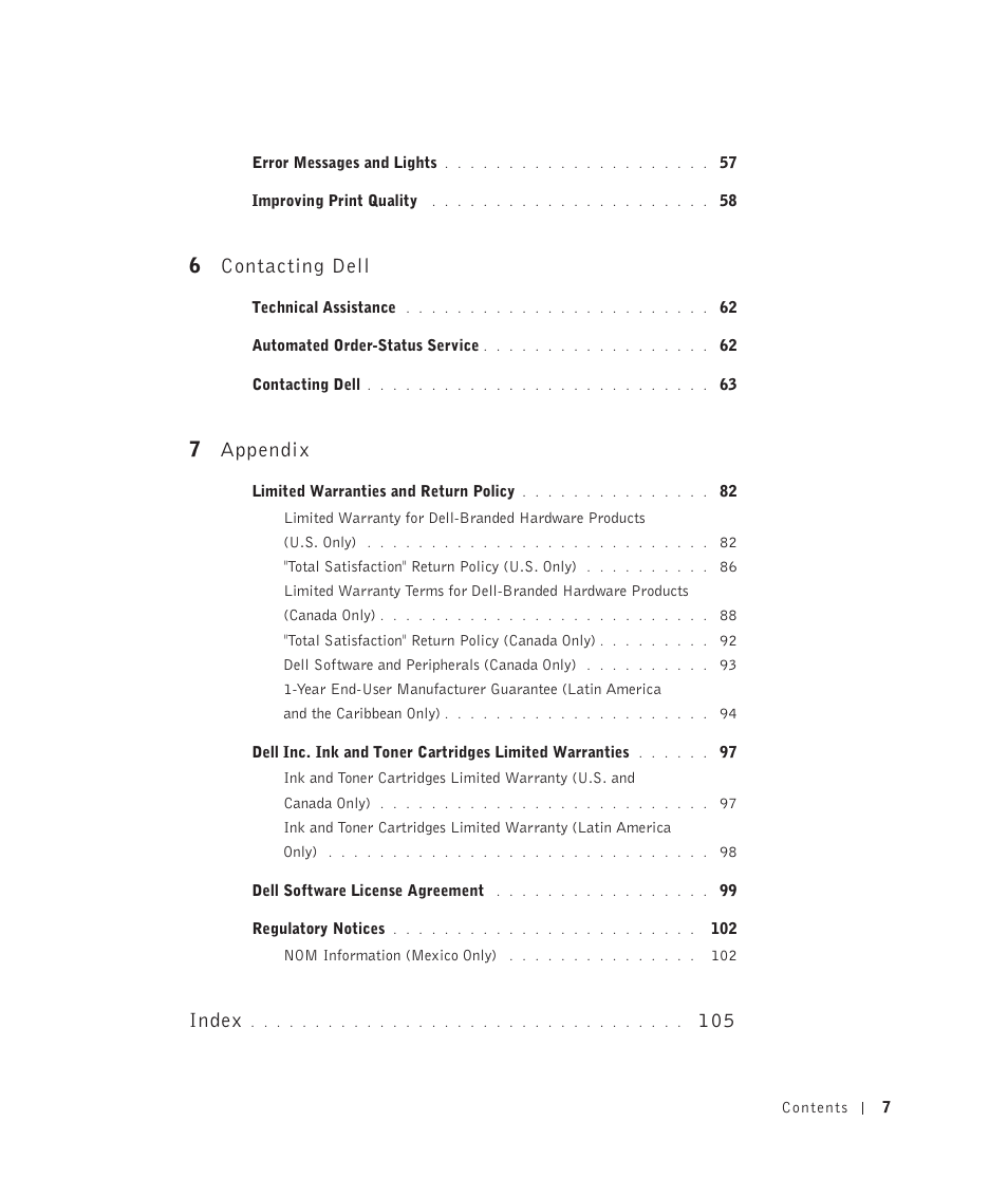 6contacting dell, 7appendix, Index | Dell 922 All In One Photo Printer User Manual | Page 7 / 108
