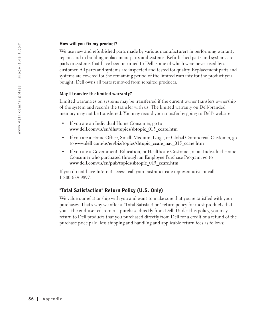 Total satisfaction" return policy (u.s. only) | Dell 922 All In One Photo Printer User Manual | Page 86 / 108
