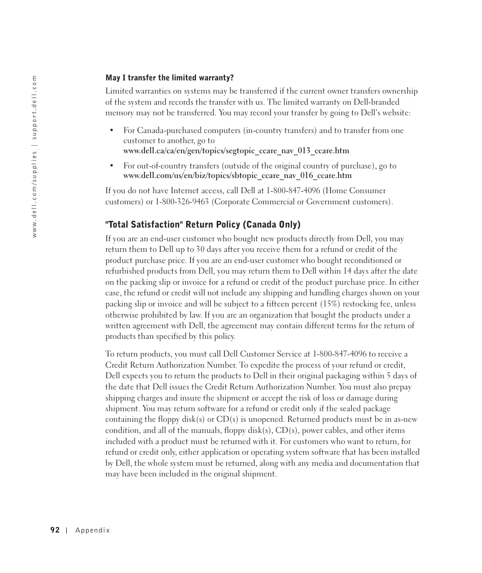 Total satisfaction" return policy (canada only) | Dell 922 All In One Photo Printer User Manual | Page 92 / 108