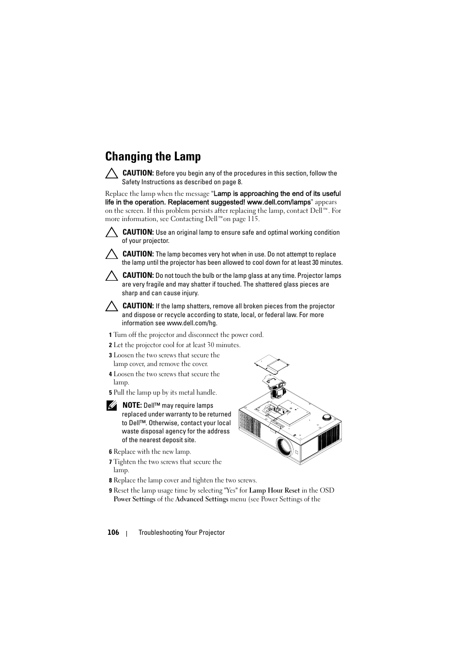 Changing the lamp | Dell 7700HD Projector User Manual | Page 106 / 122