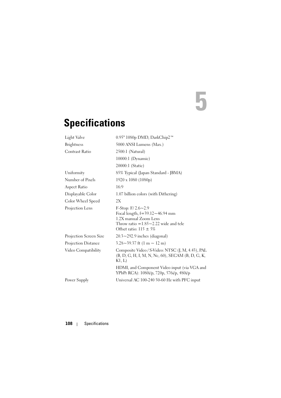 Specifications | Dell 7700HD Projector User Manual | Page 108 / 122