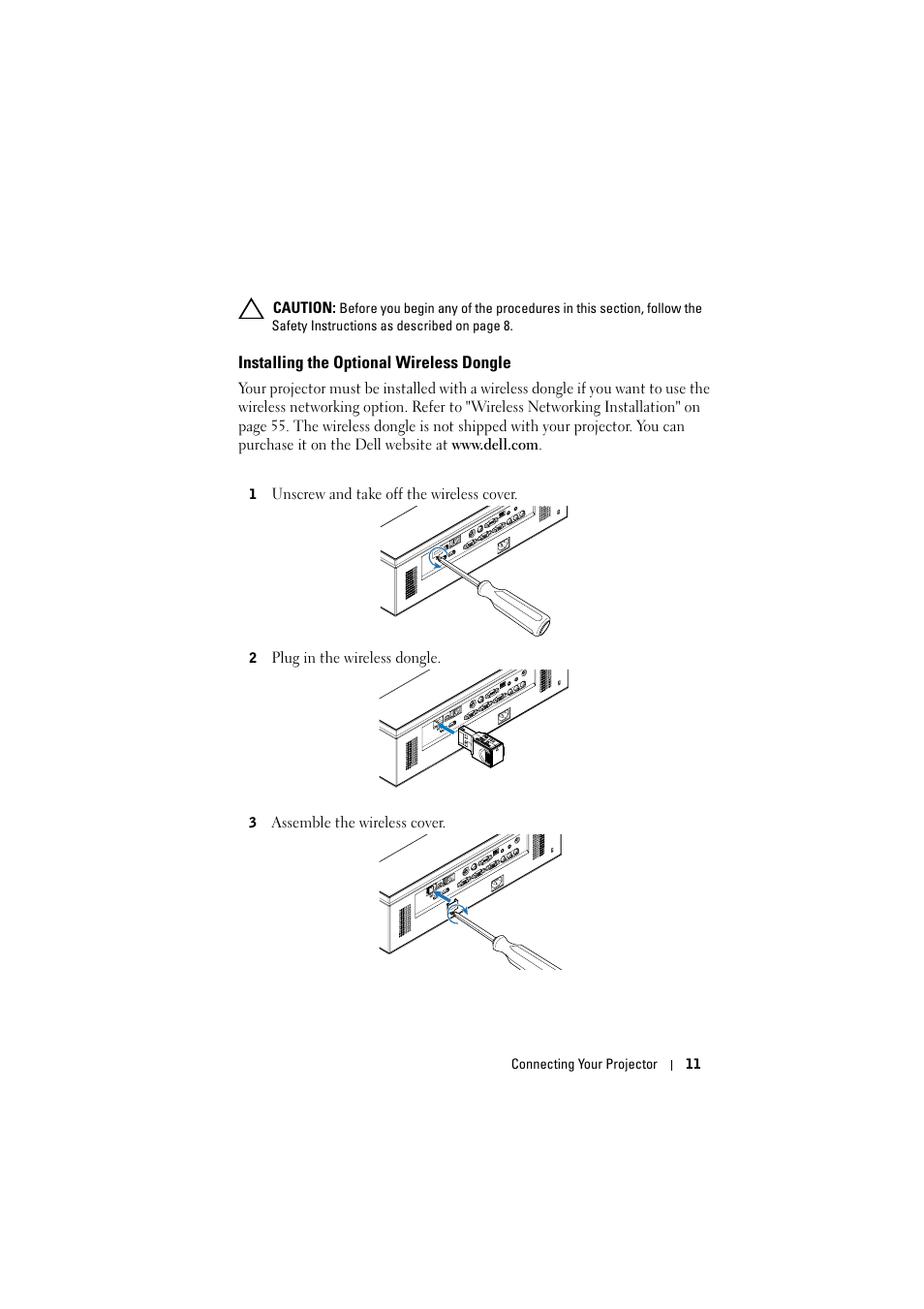 Installing the optional wireless dongle | Dell 7700HD Projector User Manual | Page 11 / 122