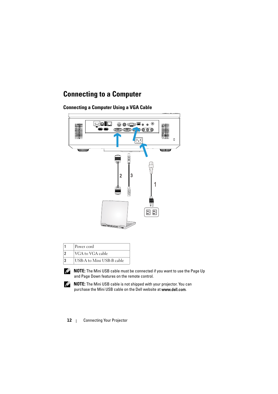 Connecting to a computer, Connecting a computer using a vga cable | Dell 7700HD Projector User Manual | Page 12 / 122
