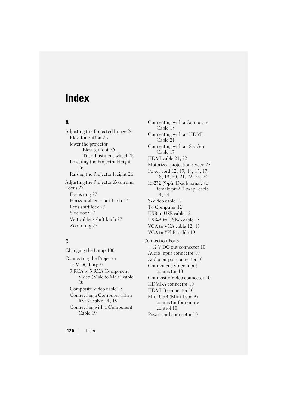 Index | Dell 7700HD Projector User Manual | Page 120 / 122