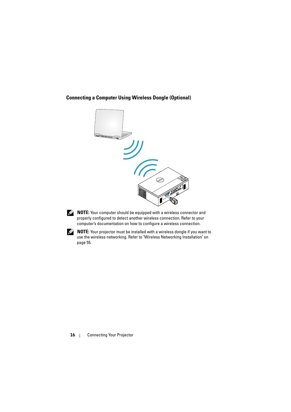 Connecting a computer using wireless dongle, Optional) | Dell 7700HD Projector User Manual | Page 16 / 122