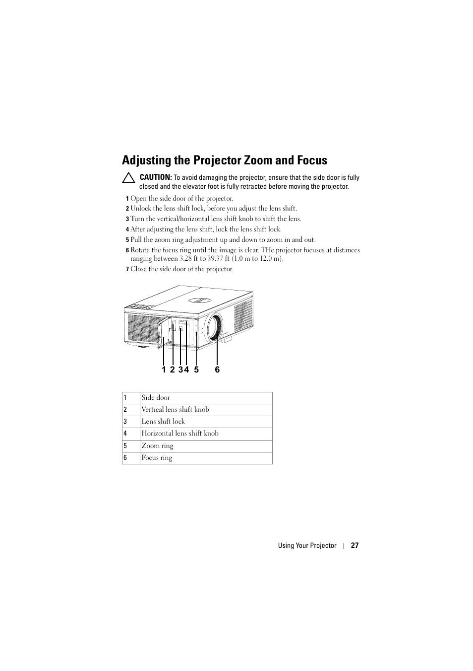 Adjusting the projector zoom and focus | Dell 7700HD Projector User Manual | Page 27 / 122