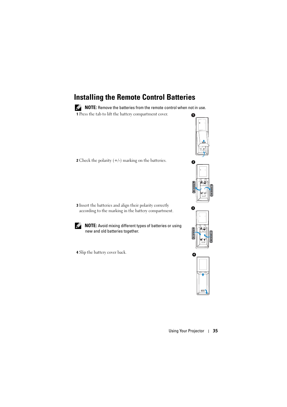 Installing the remote control batteries | Dell 7700HD Projector User Manual | Page 35 / 122
